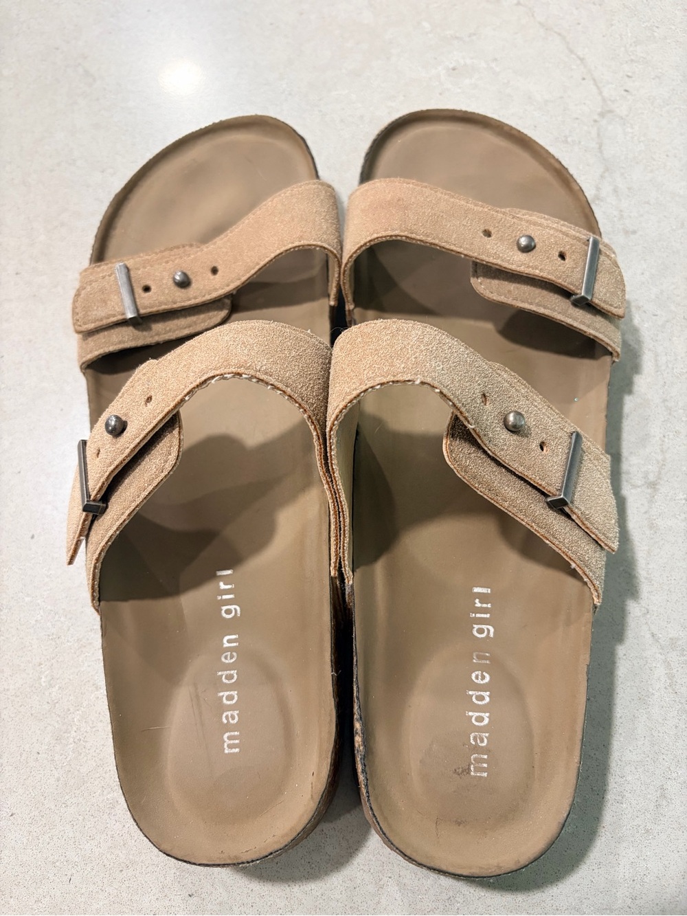 Madden Girl Tan Suede Double-Buckle Slide Sandals Bezell size 8.5
